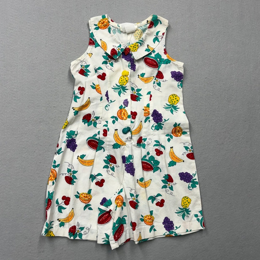 Mousefeathers Vintage Fruit Romper Girls 6X White 70s Novelty Button Sleeveless